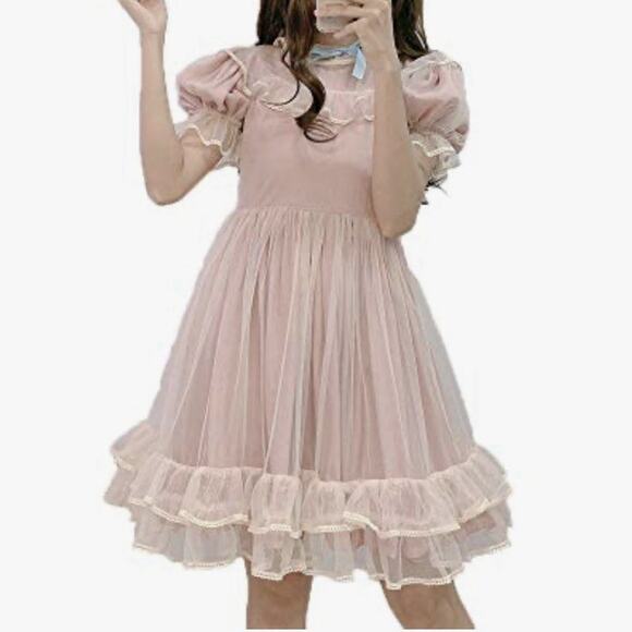 Lolita Dress Teen Small Pink Sheer Lined Puff Ruffle Bow Full Tiers Cosplay - Picture 8 of 9